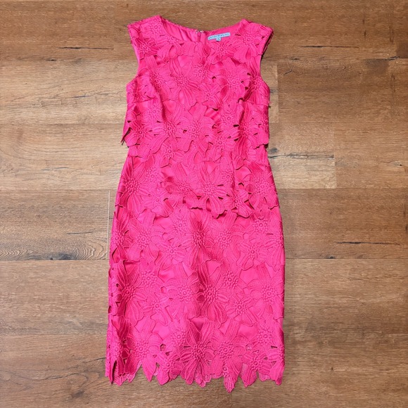 Antonio Melani Hot Pink Floral Lace Overlay Midi Sheath Dress Sleeveless Size 4